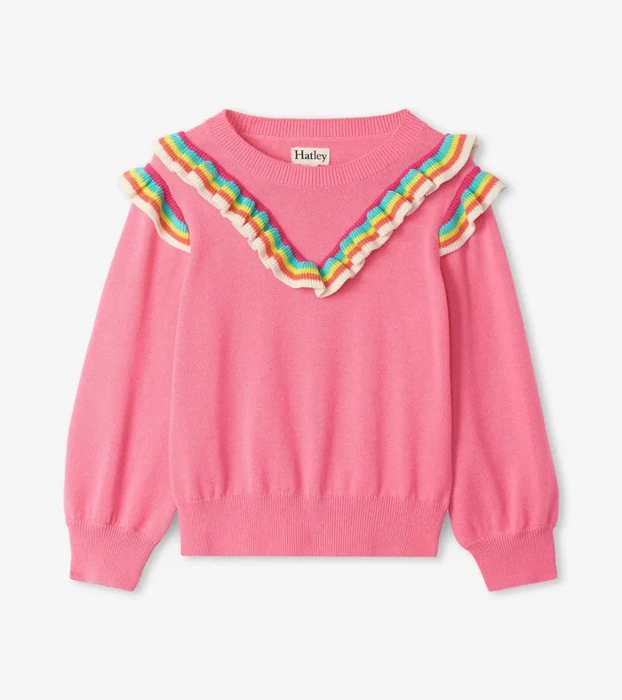 Girls Pink Rainbow Ruffle Sweater Hatley