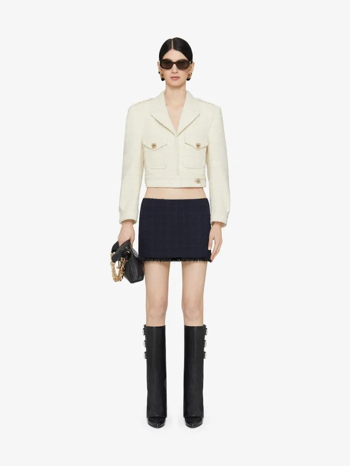 Givenchy Cropped Jacket In Tweed With 4G Liquid Detail Ecru Women Coats and Jackets Givenchy Cropped Jacket In Tweed With 4G Liquid Detail Ecru Women Coats and Jackets