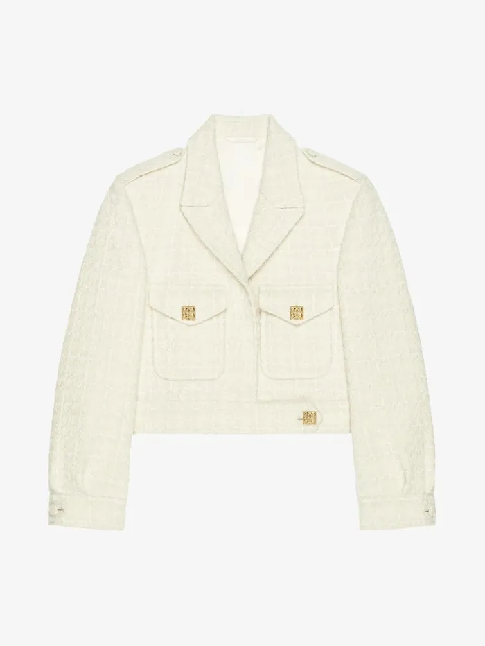 Givenchy Cropped Jacket In Tweed With 4G Liquid Detail Ecru Women Coats and Jackets