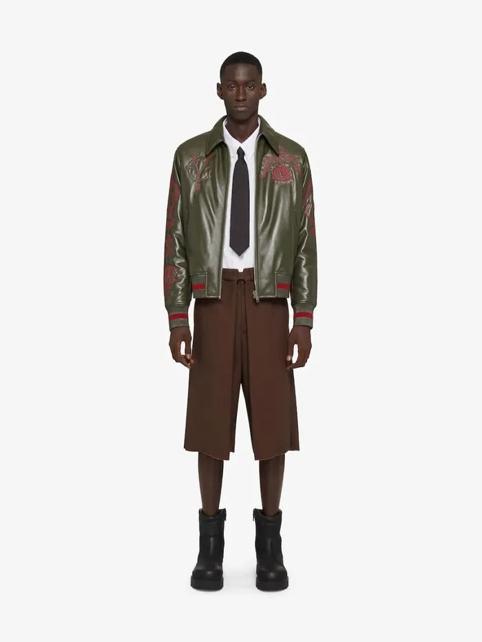 Givenchy GIVENCHY Crest Bomber Jacket In Embroidered Leather Olive Green Men Outerwear and Blousons Givenchy GIVENCHY Crest Bomber Jacket In Embroidered Leather Olive Green Men Outerwear and Blousons