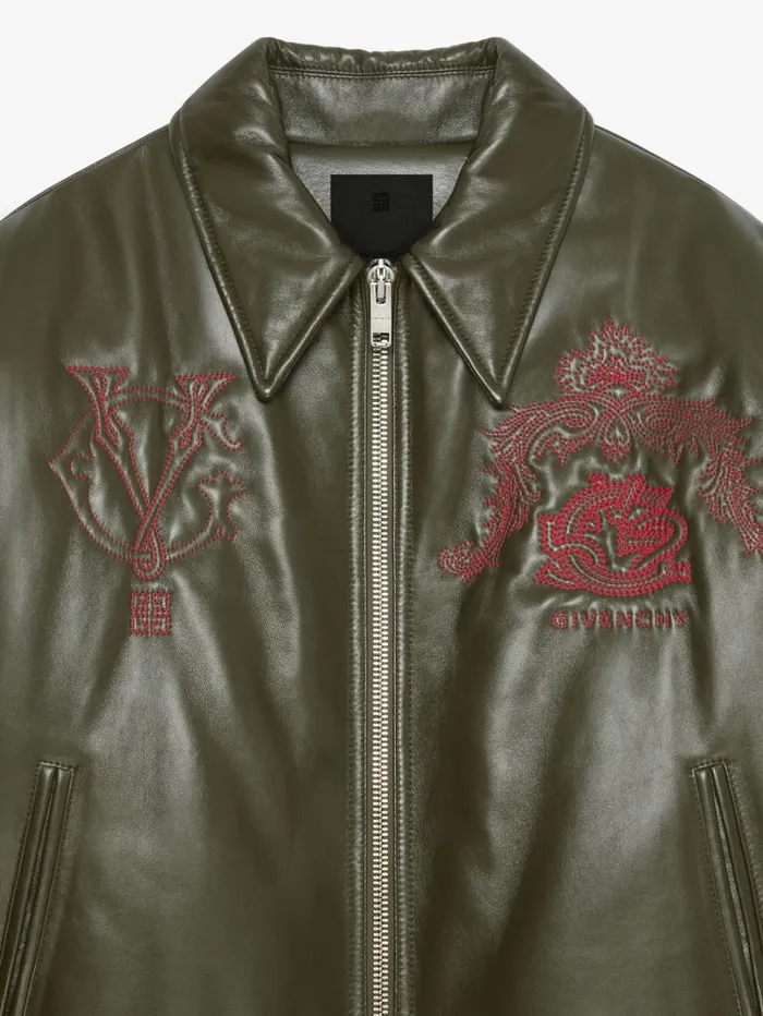 Givenchy GIVENCHY Crest Bomber Jacket In Embroidered Leather Olive Green Men Outerwear and Blousons