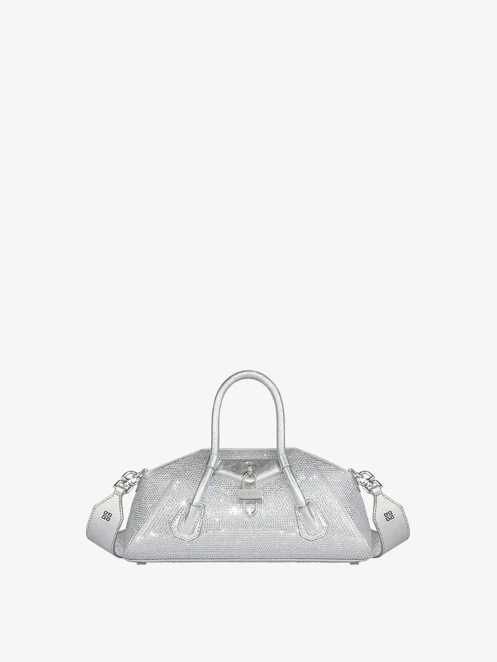 Givenchy Mini Antigona Stretch Bag In Satin And Strass Silvery Grey Women Crossbody Bags
