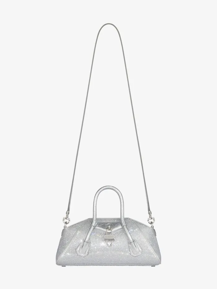 Givenchy Mini Antigona Stretch Bag In Satin And Strass Silvery Grey Women Crossbody Bags Givenchy Mini Antigona Stretch Bag In Satin And Strass Silvery Grey Women Crossbody Bags