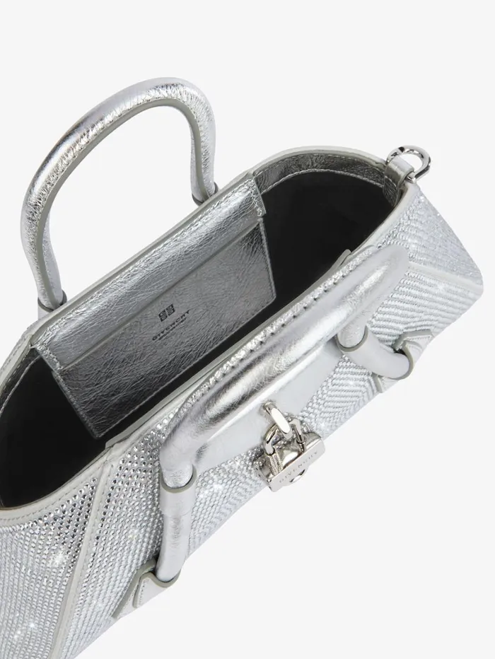 Givenchy Mini Antigona Stretch Bag In Satin And Strass Silvery Grey Women Crossbody Bags Givenchy Mini Antigona Stretch Bag In Satin And Strass Silvery Grey Women Crossbody Bags