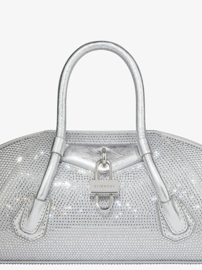 Givenchy Mini Antigona Stretch Bag In Satin And Strass Silvery Grey Women Crossbody Bags Givenchy Mini Antigona Stretch Bag In Satin And Strass Silvery Grey Women Crossbody Bags