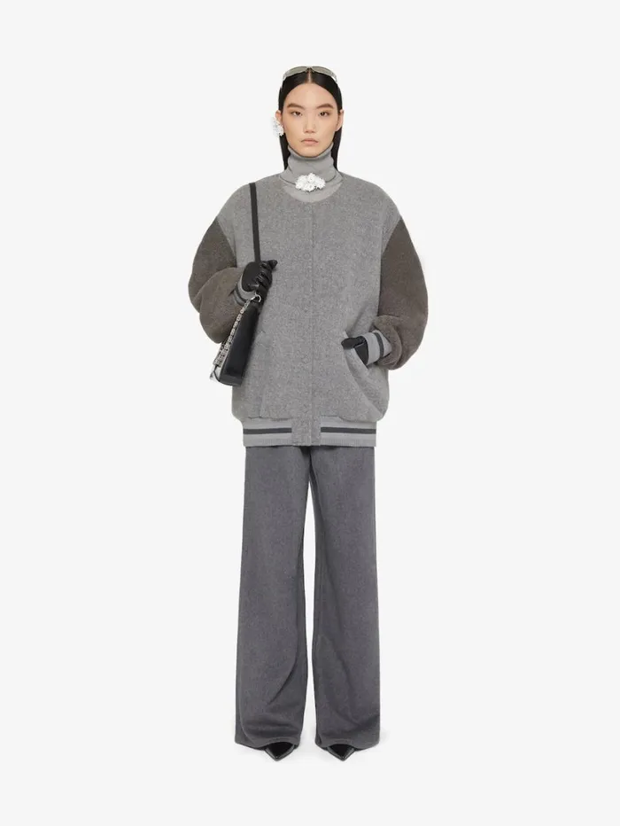 Givenchy Oversized Varsity Jacket In Wool And Shearling Light Grey Melange Women Outerwear and Blousons Givenchy Oversized Varsity Jacket In Wool And Shearling Light Grey Melange Women Outerwear and Blousons