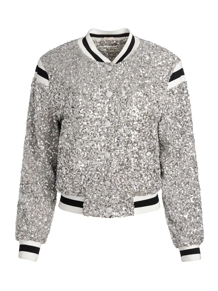 Jackets Coats Women Alice Olivia The Beatles Keri Varsity Jacket Silverwhite