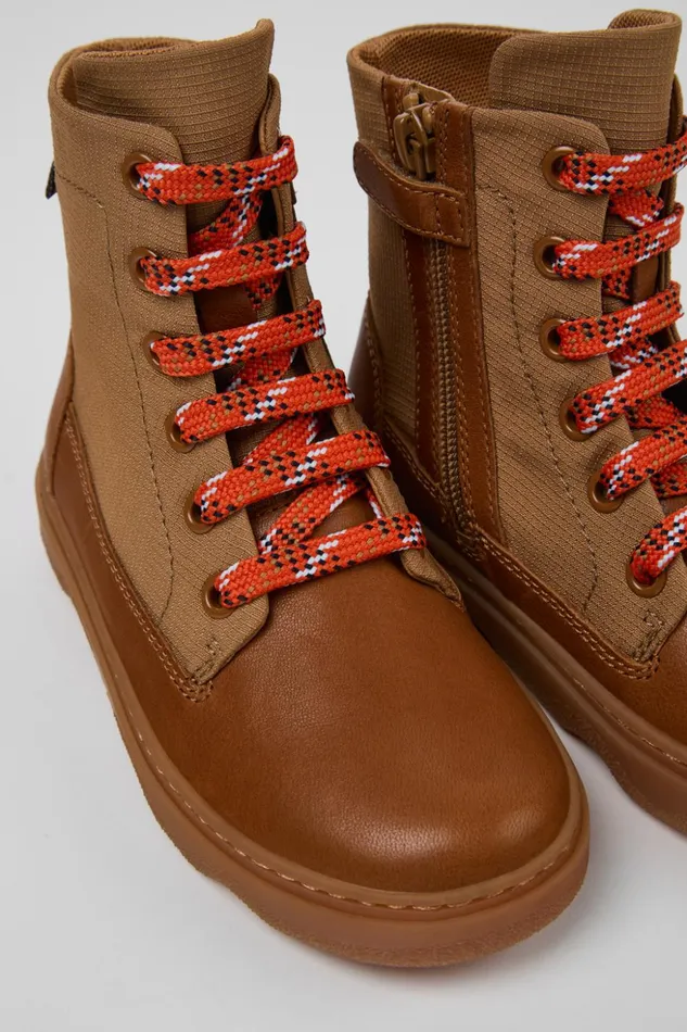 Kids Kiddo Brown Leather And Textile Ankle Boots For Kids Camper Boots