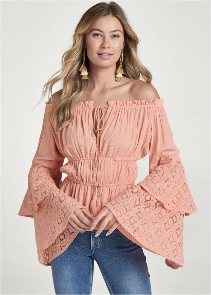 LACE BELL SLEEVE TOP Burnt Coral Women VENUS Night Out Tops