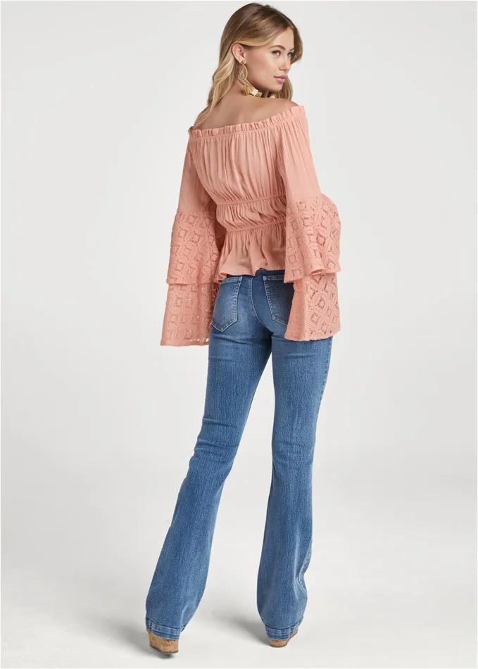 LACE BELL SLEEVE TOP Burnt Coral Women VENUS Night Out Tops LACE BELL SLEEVE TOP Burnt Coral Women VENUS Night Out Tops