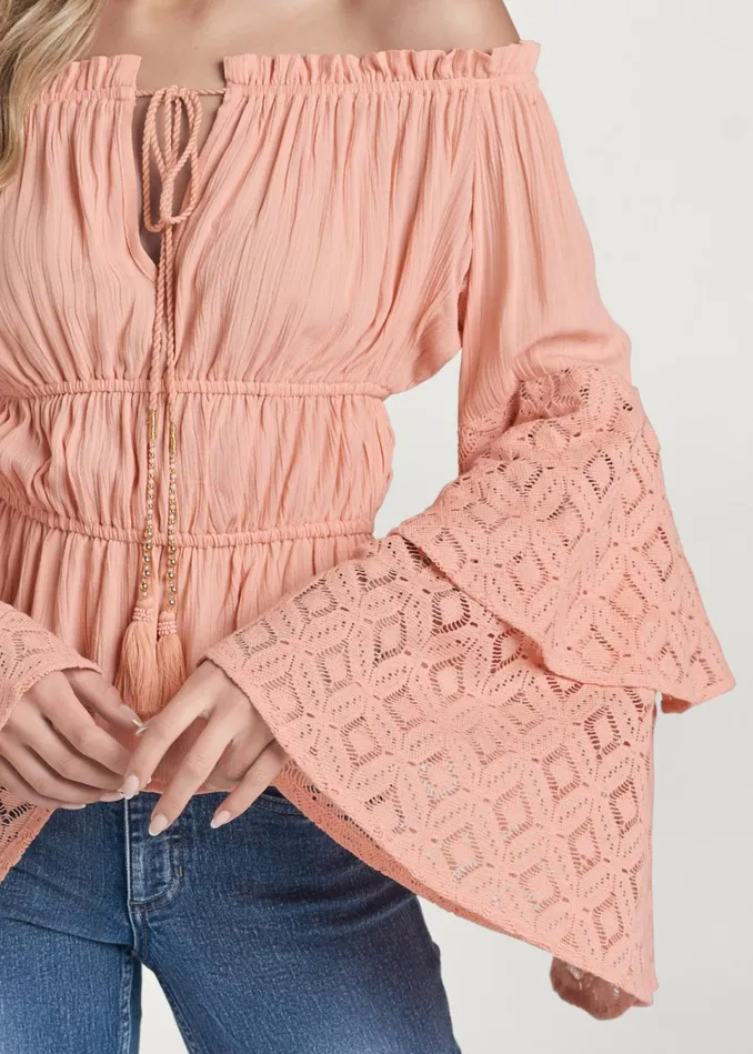 LACE BELL SLEEVE TOP Burnt Coral Women VENUS Night Out Tops LACE BELL SLEEVE TOP Burnt Coral Women VENUS Night Out Tops