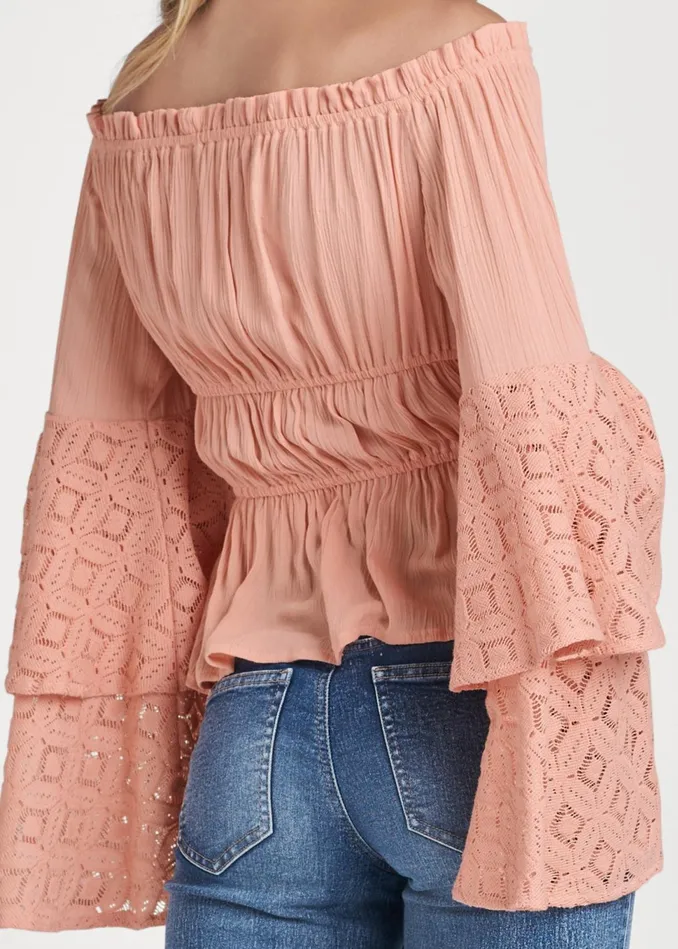 LACE BELL SLEEVE TOP Burnt Coral Women VENUS Night Out Tops LACE BELL SLEEVE TOP Burnt Coral Women VENUS Night Out Tops