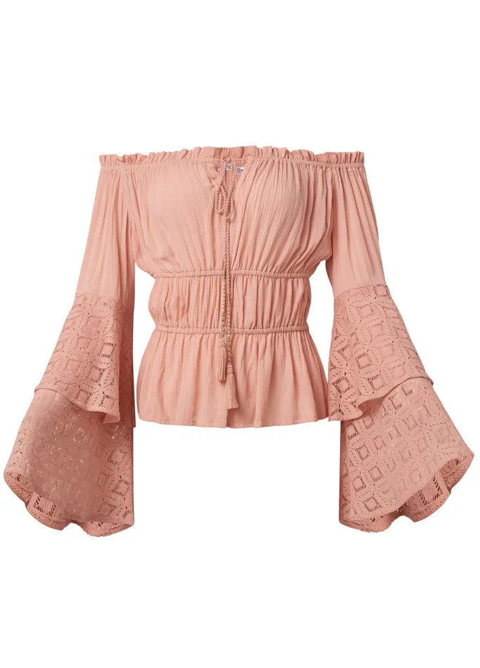 LACE BELL SLEEVE TOP Burnt Coral Women VENUS Night Out Tops LACE BELL SLEEVE TOP Burnt Coral Women VENUS Night Out Tops