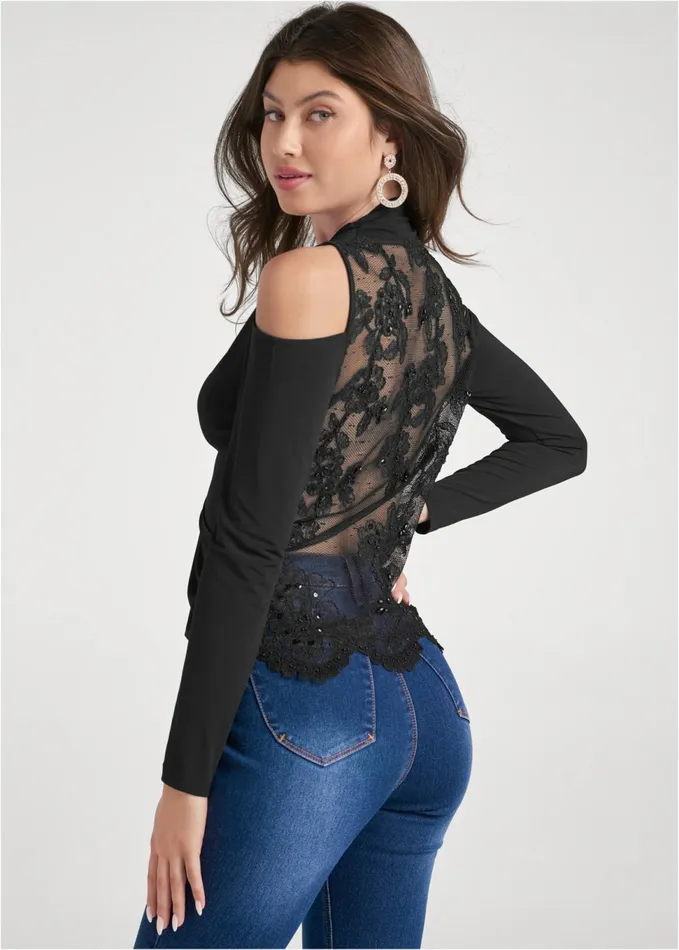 LACE DETAIL BACK TOP Black Women VENUS Night Out Tops