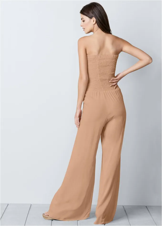 LACE INSET SMOCKED JUMPSUIT Camel Women VENUS Casual Jumpsuits and Rompers