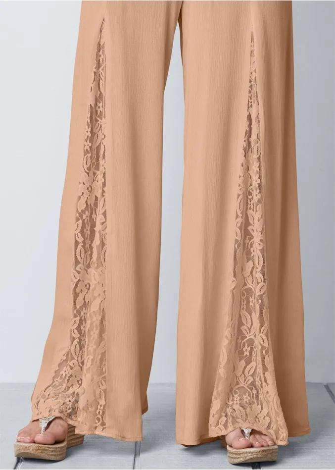 LACE INSET SMOCKED JUMPSUIT Camel Women VENUS Casual Jumpsuits and Rompers