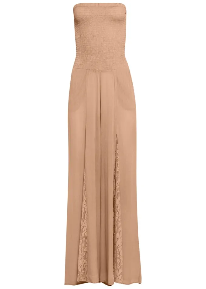 LACE INSET SMOCKED JUMPSUIT Camel Women VENUS Casual Jumpsuits and Rompers