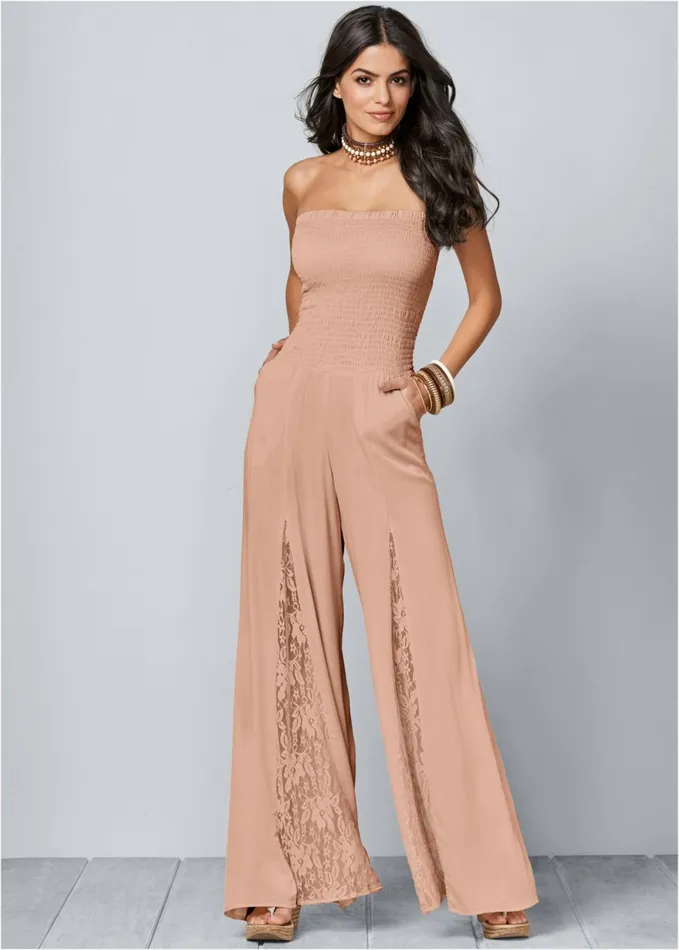 LACE INSET SMOCKED JUMPSUIT Camel Women VENUS Casual Jumpsuits and Rompers