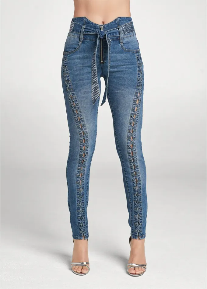 LaceUp Tie Belt Jeans Medium Wash Women VENUS Novelty Jeans