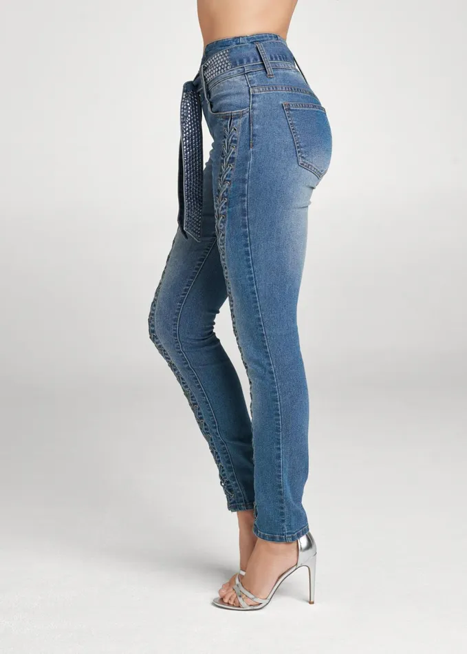 LaceUp Tie Belt Jeans Medium Wash Women VENUS Novelty Jeans