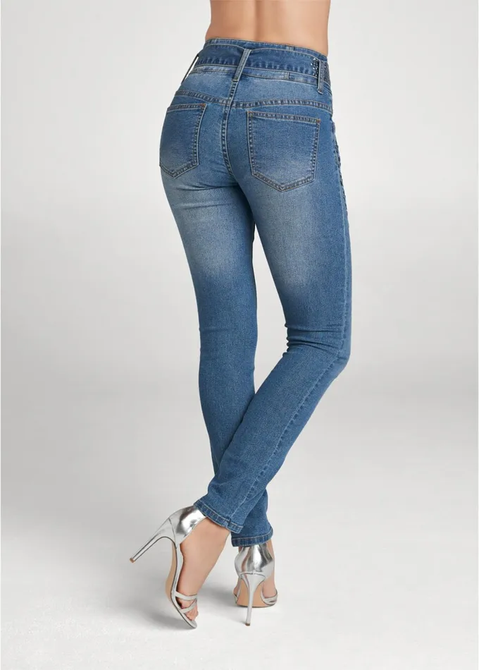 LaceUp Tie Belt Jeans Medium Wash Women VENUS Novelty Jeans