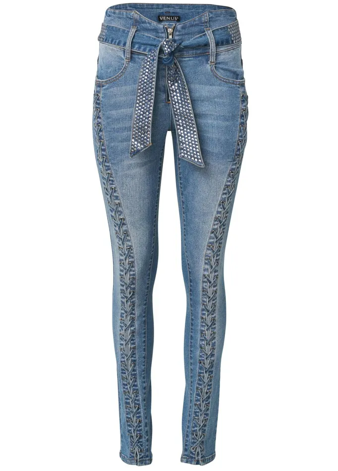 LaceUp Tie Belt Jeans Medium Wash Women VENUS Novelty Jeans