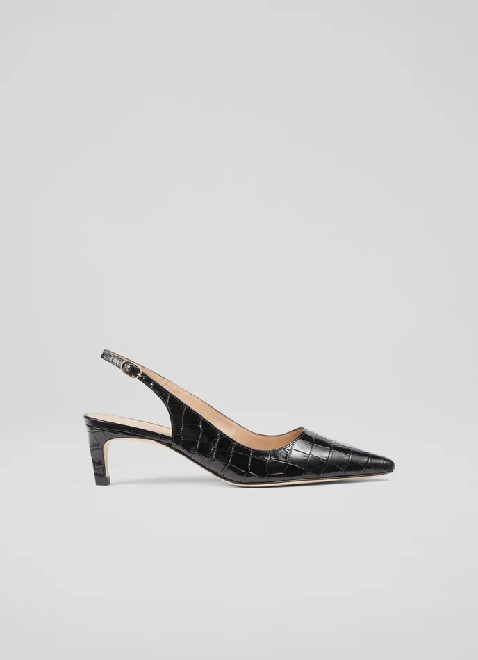 LK Bennett Alyssa Black CrocEffect Leather Kitten Heel Slingbacks Women Court Shoes LK Bennett Alyssa Black CrocEffect Leather Kitten Heel Slingbacks Women Court Shoes