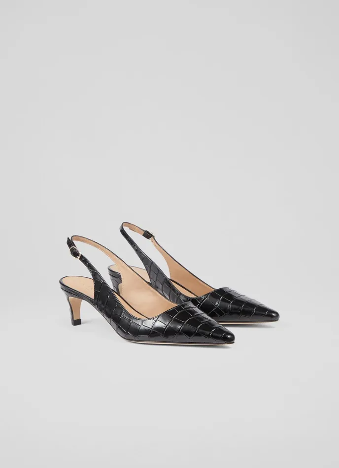 LK Bennett Alyssa Black CrocEffect Leather Kitten Heel Slingbacks Women Court Shoes