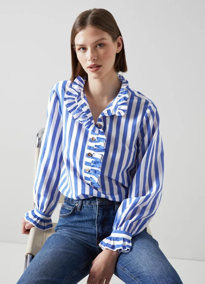 LK Bennett Camille Blue And White Stripe CottonSilk Ruffle Blouse Women Tops