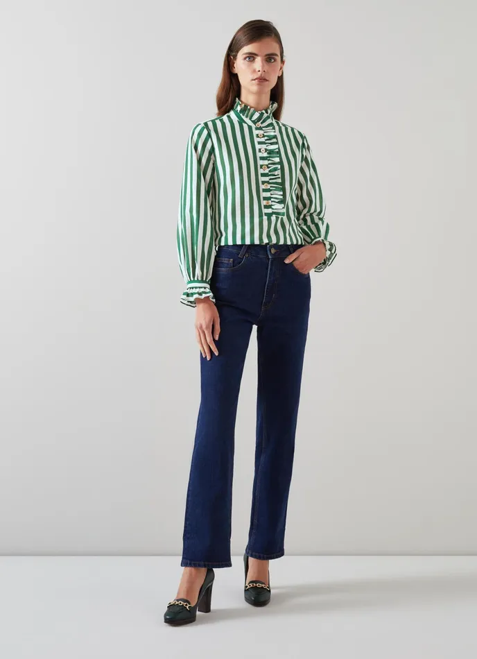 LK Bennett Camille Blue And White Stripe CottonSilk Ruffle Blouse Women Tops