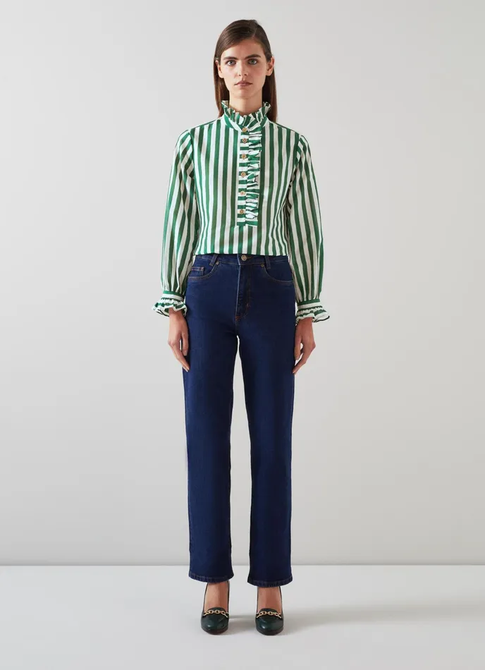 LK Bennett Camille Blue And White Stripe CottonSilk Ruffle Blouse Women Tops