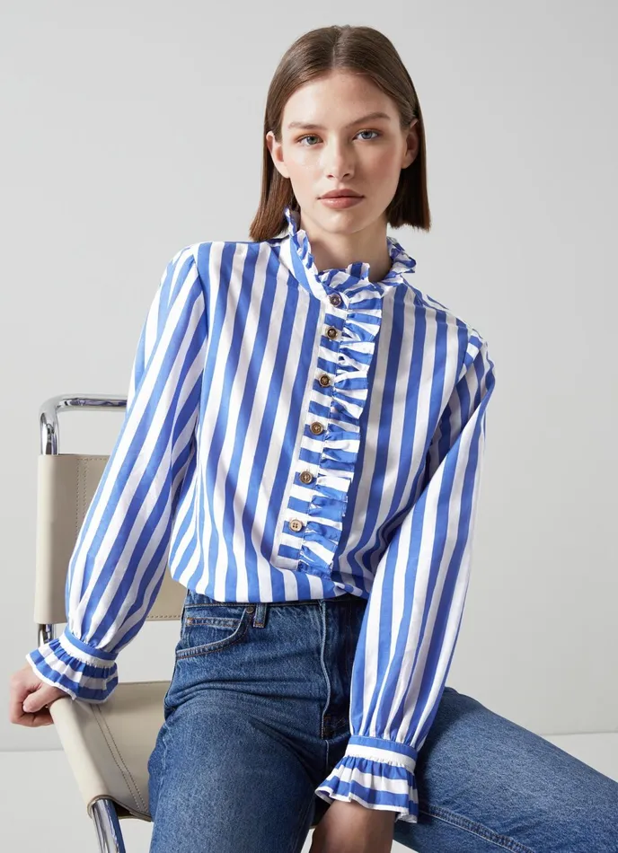 LK Bennett Camille Blue And White Stripe CottonSilk Ruffle Blouse Women Tops