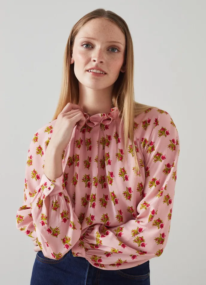 LK Bennett Edeline Pink And Red Rosebud Print Silk Top Women Tops