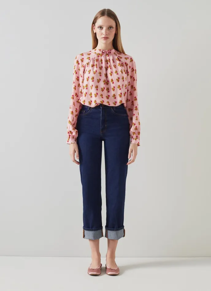 LK Bennett Edeline Pink And Red Rosebud Print Silk Top Women Tops