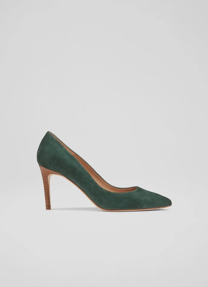 LK Bennett Floret Forest Green Suede Pointed Toe Courts Women Court Shoes