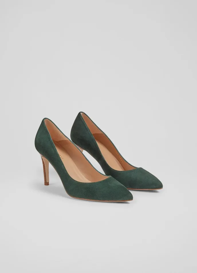 LK Bennett Floret Forest Green Suede Pointed Toe Courts Women Court Shoes
