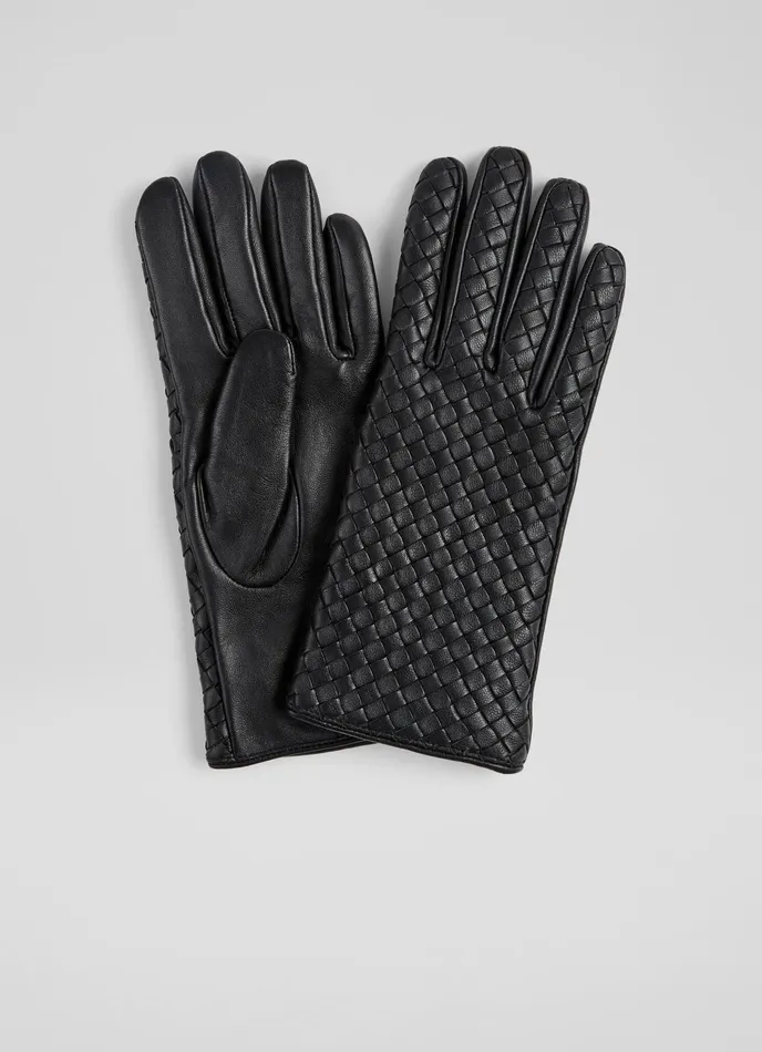 LK Bennett Grove Black Woven Leather Gloves Women Gloves