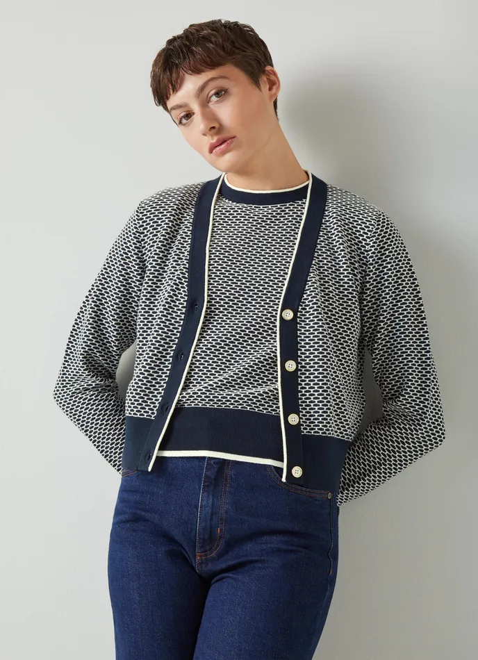 LK Bennett Honey Blue CottonMerino Blend Waffle Knit Cardigan Women Knitwear