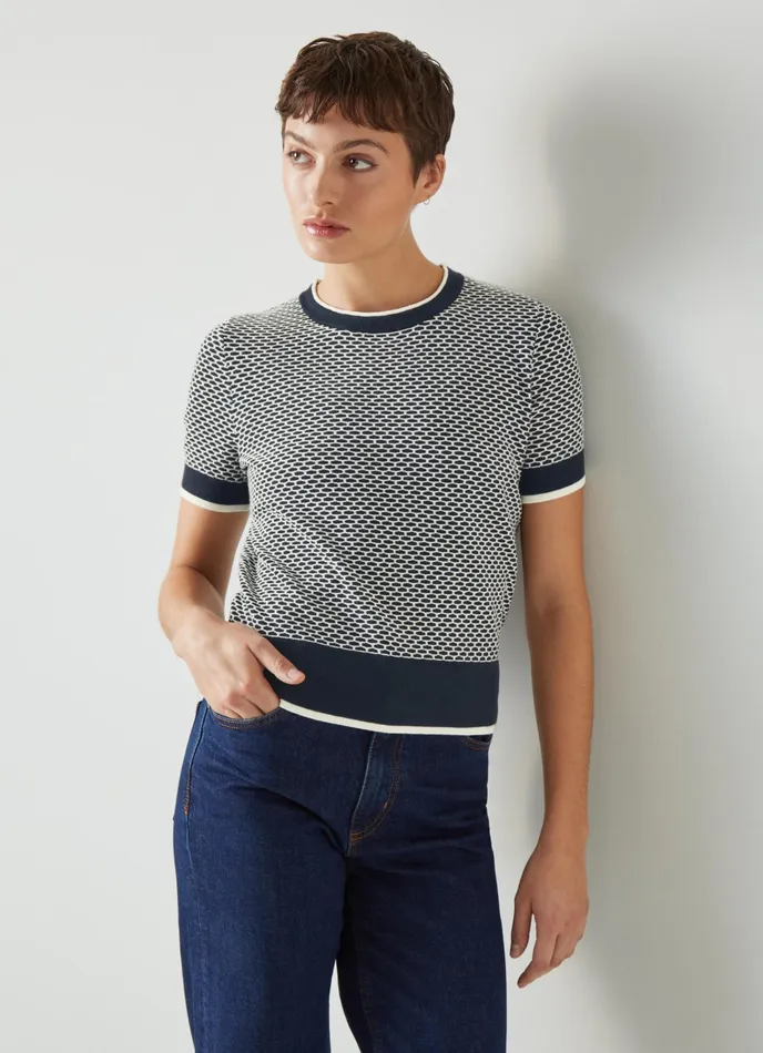 LK Bennett Honey Blue CottonMerino Blend Waffle Knit Top Women Knitwear