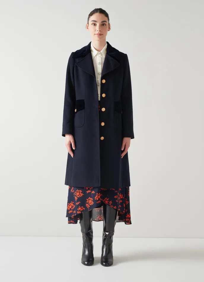 LK Bennett Lily Navy Recycled Wool And Velvet Coat Women Coats and Jackets