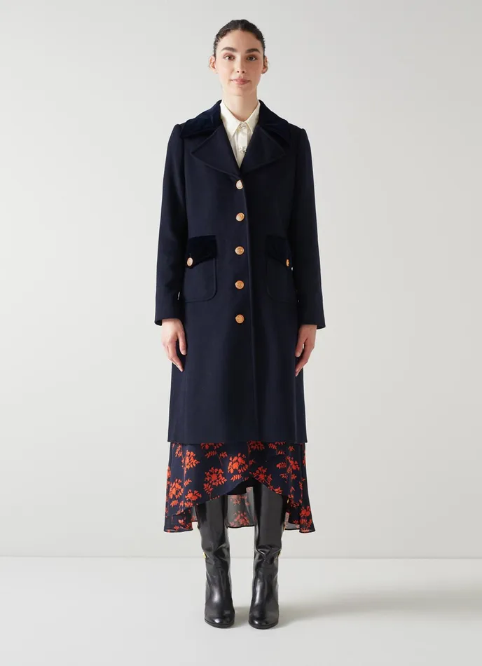 LK Bennett Lily Navy Recycled Wool And Velvet Coat Women Coats and Jackets