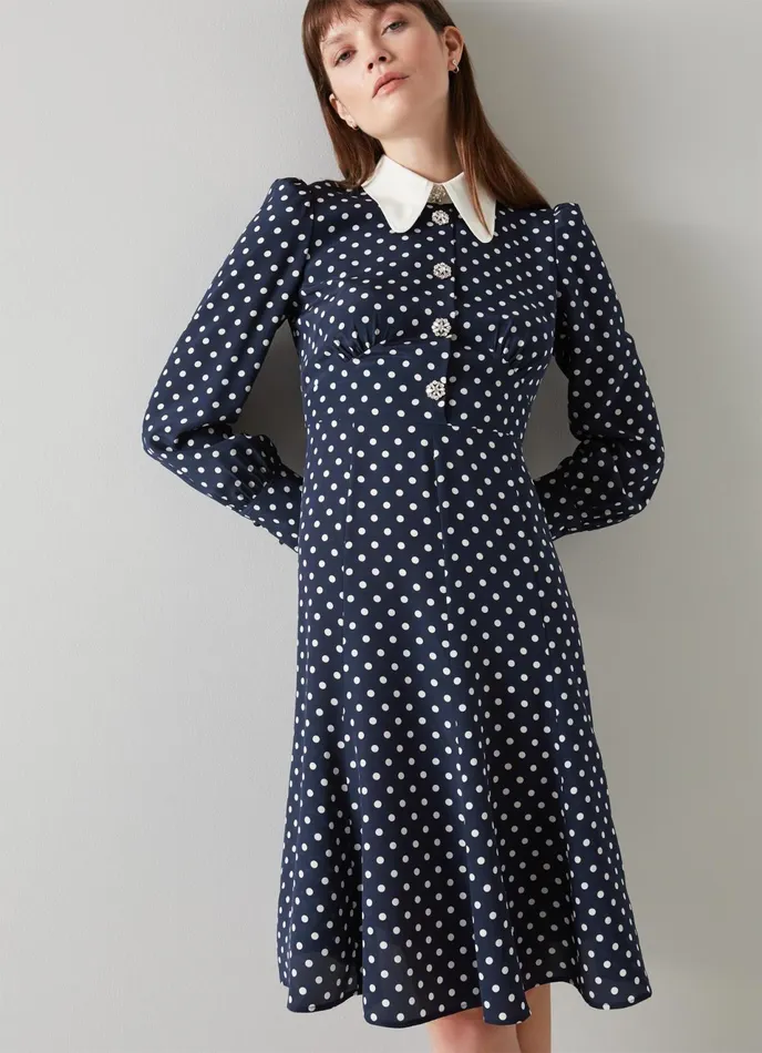 LK Bennett Mathilde Navy and Cream Polka Dot Silk Tea Dress Women Dresses