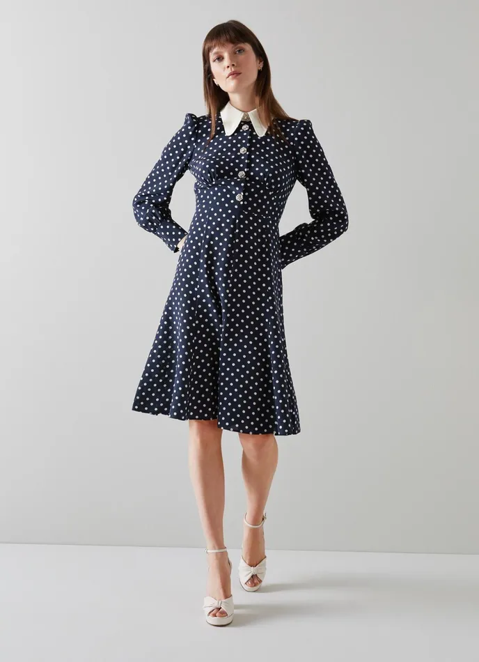 LK Bennett Mathilde Navy and Cream Polka Dot Silk Tea Dress Women Dresses