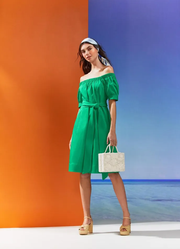 LK Bennett Nadia Green Cotton OffTheShoulder Dress Women Dresses