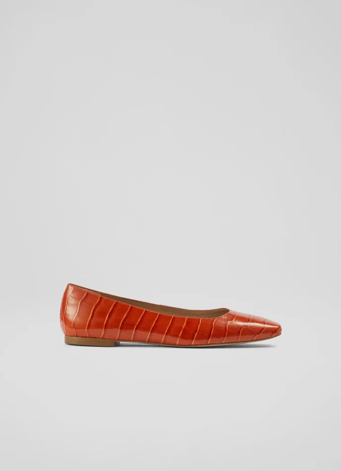 LK Bennett Phyllis Orange CrocEffect Leather Flats Women Flats