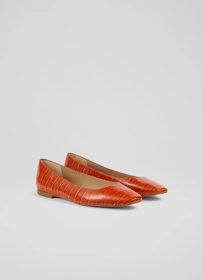 LK Bennett Phyllis Orange CrocEffect Leather Flats Women Flats