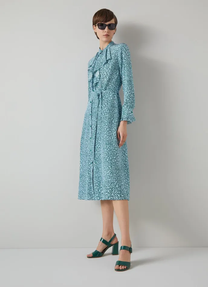 LK Bennett Soni Blue And Green Heart Print Silk Dress Women Dresses