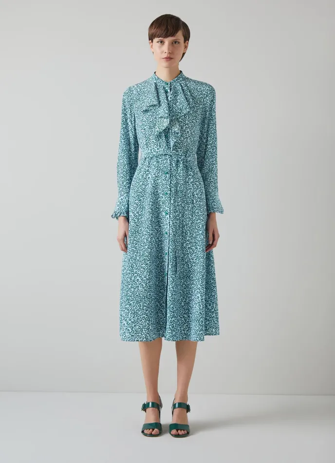 LK Bennett Soni Blue And Green Heart Print Silk Dress Women Dresses