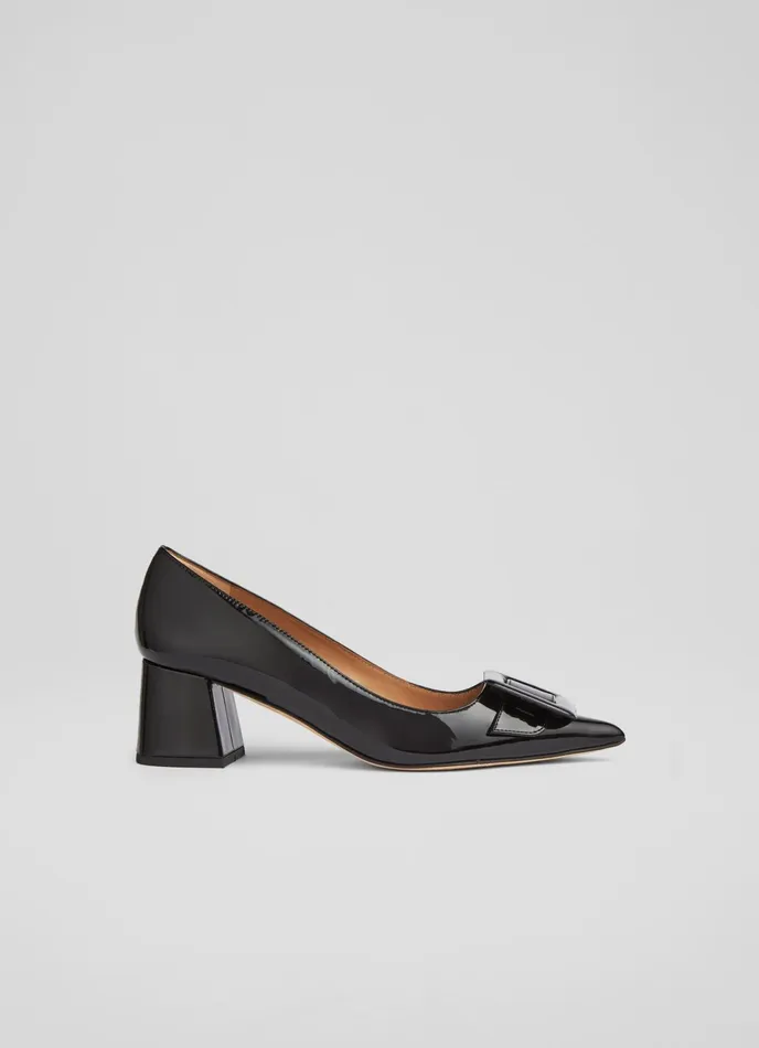 LK Bennett Tia Black Patent BuckleDetail Courts Women Court Shoes