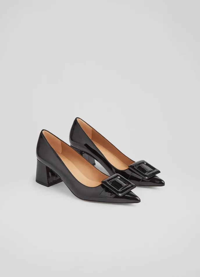 LK Bennett Tia Black Patent BuckleDetail Courts Women Court Shoes